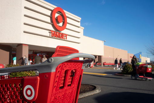 Hillsboro, OR, USA - Jan 18, 2021: A Target shopping cart is seen outside a Target store in Hillsboro, Oregon.