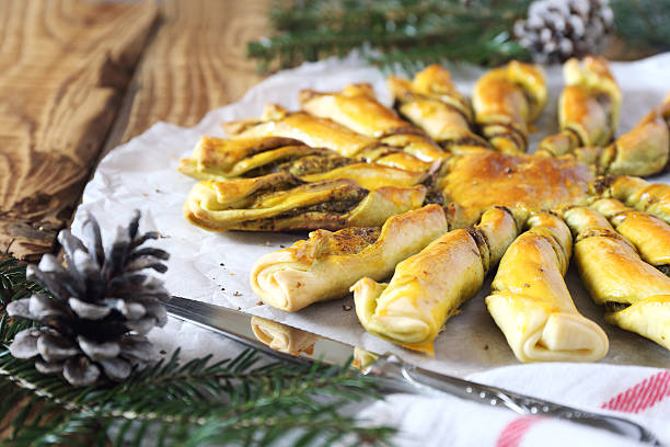 Tarte soleil. New Year  pastry: pesto sun pie stock photo