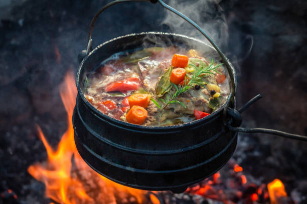Tasty and spicy hunter's stew on bonfire stock photo