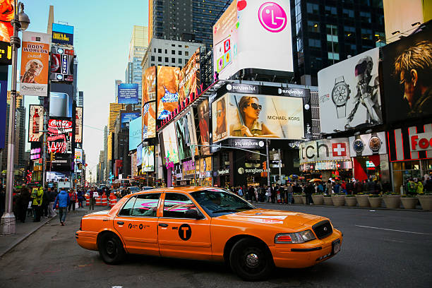 Taxis on 7th Avenue at Times Square, New York City stock photo