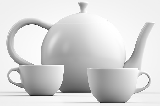 Tea theme illustration. Teapot and two mugs. Light style