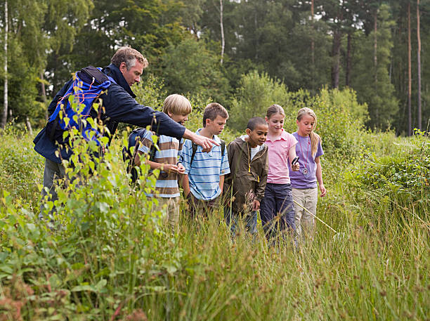 Teacher and pupils at nature reserve  school exteriors stock pictures, royalty-free photos & images