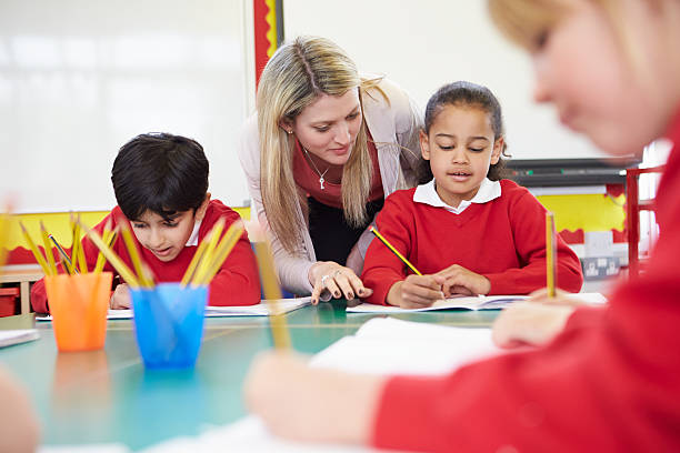 Teacher helping female pupil with writing Female Teacher Helping Female Primary School Pupil With Writing Reading At Desk primary school stock pictures, royalty-free photos & images