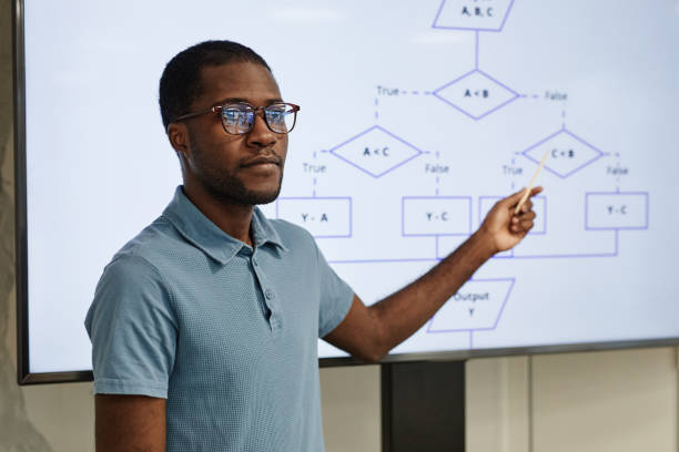 Teacher in Coding Class Portrait of male African-American teacher pointing at screen in coding class, copy space programming languages to teach kids stock pictures, royalty-free photos & images