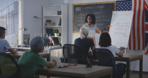 Teacher using flip chart while explaining to a class Long shot of teacher giving class while using flip chart linguistics stock pictures, royalty-free photos & images