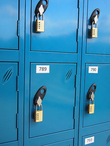 Teal blue lockers closeup stock photo