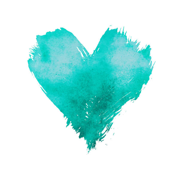 Teal watercolor painted heart shape on white stock photo