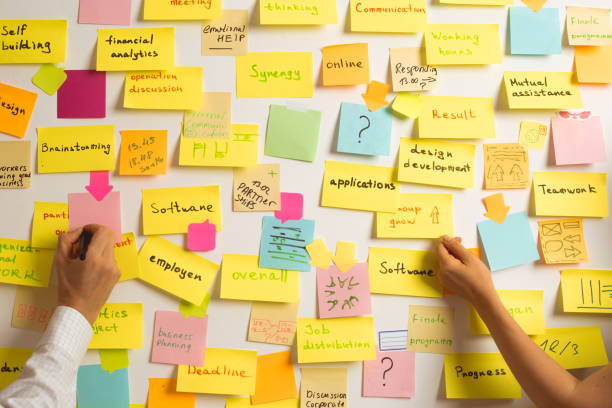 A team of business people writes sticky notes on a white board. stock photo