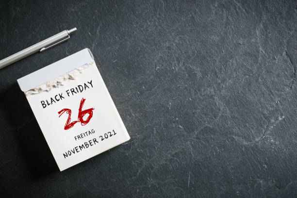 tear-off calendar with German message for BLACK FRIDAY 26th NOVEMBER 2021 stock photo