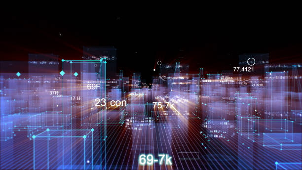 Technological digital background consisting of a futuristic city with data stock photo