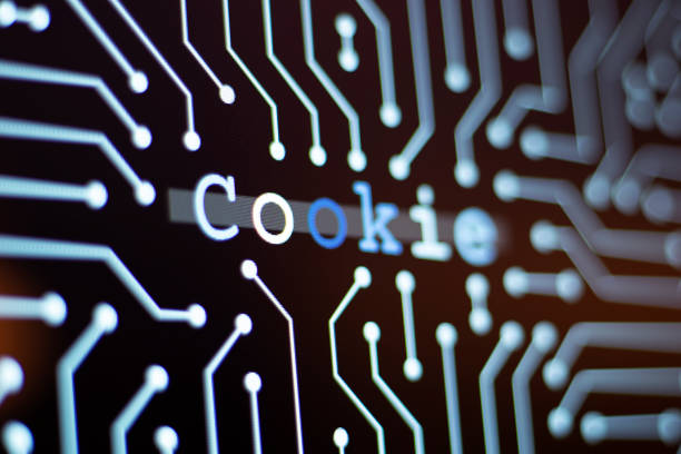 technologie achtergrond en printplaat met cookie bericht. - koekje stockfoto's en -beelden