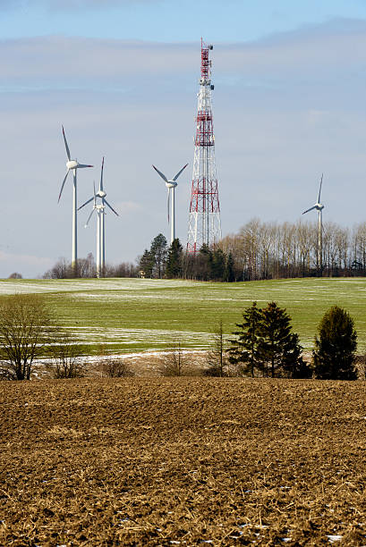 Technology - mobile mast on wind farm stock photo
