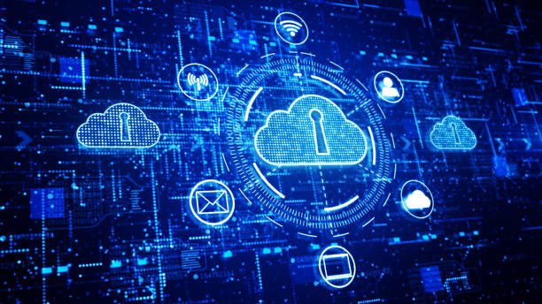 Technology network and data connection, Secure Data Network Digital Cloud Computing, Cyber Security Concept stock photo