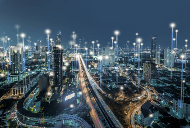 technology Smart city and dot point connect Modern Telecom System ,Boundless connection technology concept.Blue tone smart city stock pictures, royalty-free photos & images