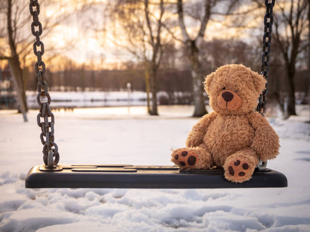 teddybär auf einar schaukel, einsamkeit - wald stok fotoğraflar ve resimler