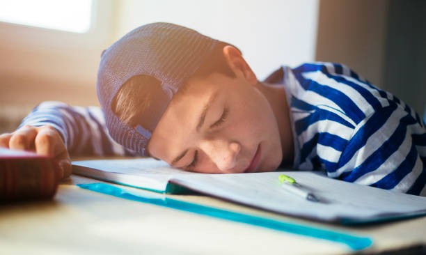 Teenage boy sleeping on the notebook stock photo