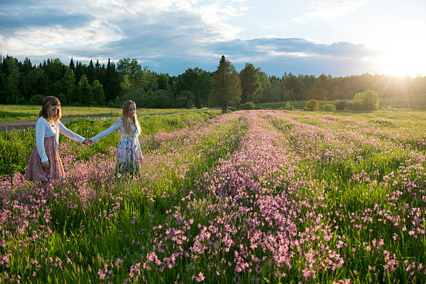 Teenage girls in a field. stock photo