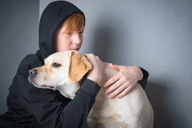 A teenage red-haired boy dressed in a dark hoodie hugs his Labrador breed dog, communication and support from despair and loneliness. Social problems in the family. stock photo