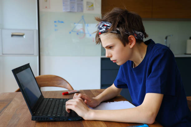 Teenager studying at home - homeschooling stock photo