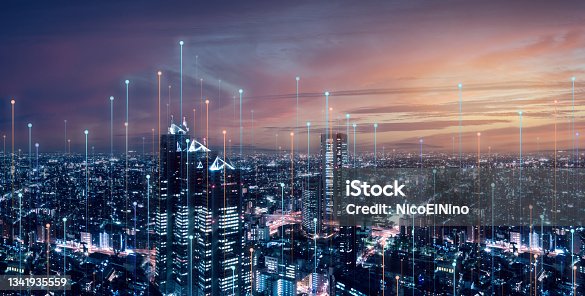 istock Telecommunication connections above smart city. Futuristic cityscape concept for internet of things (IoT), fintech, blockchain, 5G LTE network, wifi hotspot access, cyber security, digital technology 1341935559