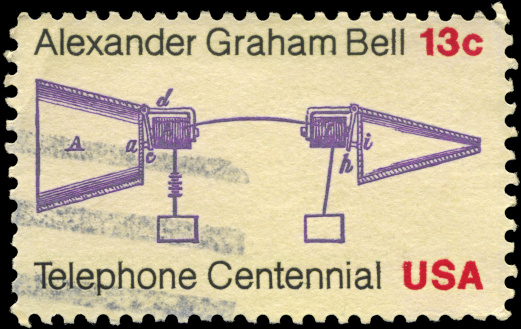 A Stamp printed in USA shows the Alexander Graham Bell Telephone Patent Application, Telephone Centenary