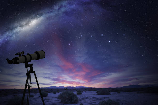 telescope looking at the Great Bear constellation telescope in the desert watching the Great Bear constellation and the milky way telescope stock pictures, royalty-free photos & images