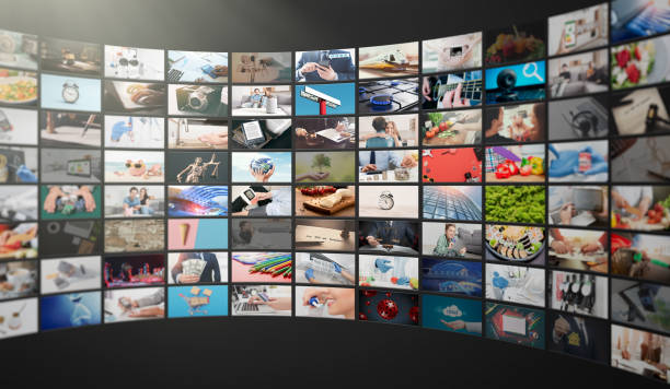 Television streaming, multimedia wall concept Television streaming, TV broadcast. Multimedia wall concept. video on demand stock pictures, royalty-free photos & images