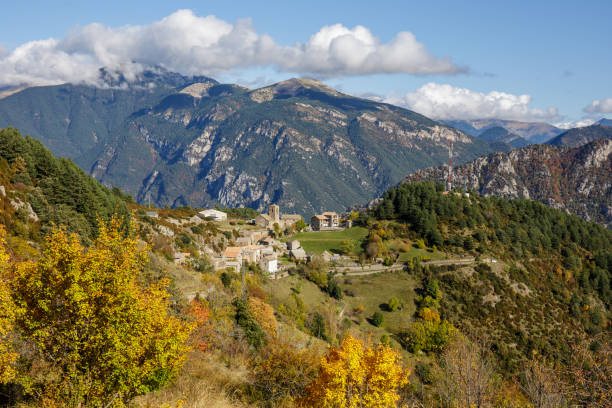 Tella village and surrounding landscape, Huesca, Spain. stock photo