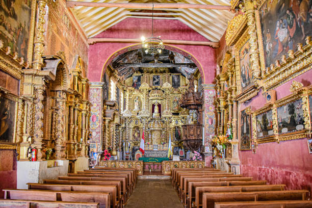 Temple of the Immaculate Virgin of Checacupe, an elaborate Barroque style church located south of Cusco, Peru stock photo