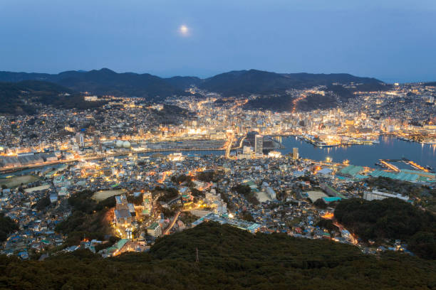 Ten Million Dollar Views of Nagasaki city, Japan in sunset from Mount Inasa observation. stock photo