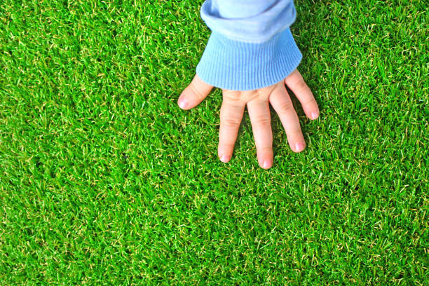 緑の人工芝の床に赤ちゃんの柔らかい手。人工芝の背景。 - 人工的 ストックフォトと画像