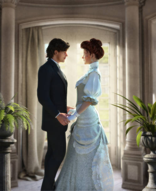 Tender lovers holding hands, looking in each others eyes Tender lovers holding hands, looking in each others eyes, young couple, man and woman in Edwardian Victorian stylish costumes, book cover template, 3d render illustration. romance book cover stock pictures, royalty-free photos & images
