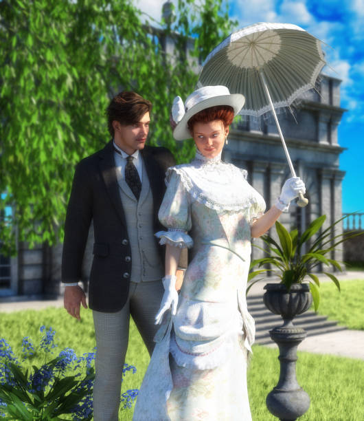 Tender lovers out for a walk, young couple, man and woman in Edwardian Victorian stylish costumes Tender lovers out for a walk, young couple, man and woman in Edwardian Victorian stylish costumes, in a park on a sunny day, book cover template, 3d render illustration. romance book cover stock pictures, royalty-free photos & images