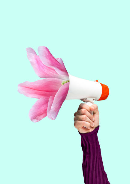 A tender reminder. Modern design. Contemporary art collage. A tender reminder. Social talks may grow into useful things. Males hand holding bullhorn with blossoming light pink flower. Negative space to insert your text. Modern design. Contemporary art collage. image montage stock pictures, royalty-free photos & images