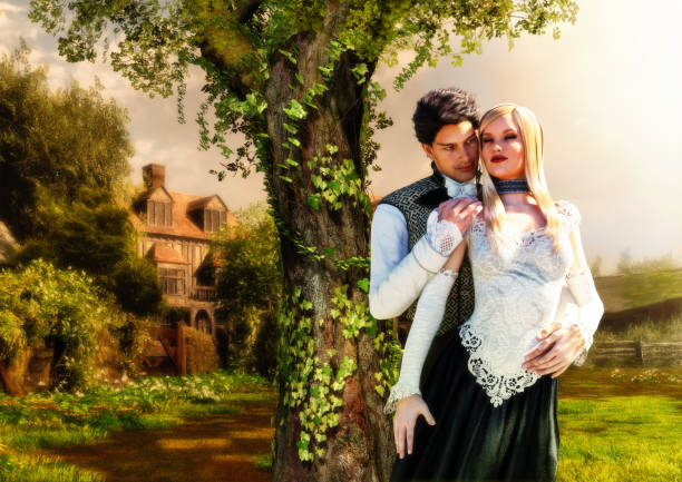 Tender Victorian lovers, young couple, man and woman in stylish costumes Tender Victorian lovers, young couple, man and woman in stylish Jane Austen costumes, in a park on a sunny day, book cover template, 3d render illustration. romance book cover stock pictures, royalty-free photos & images