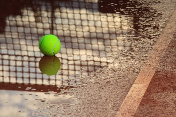 Tennis ball  in a rain puddle stock photo