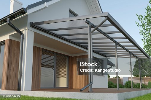 istock Terrace canopy, glass roof, 3d illustration 1328873749