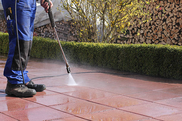 Terrace cleaning with high-pressure stock photo