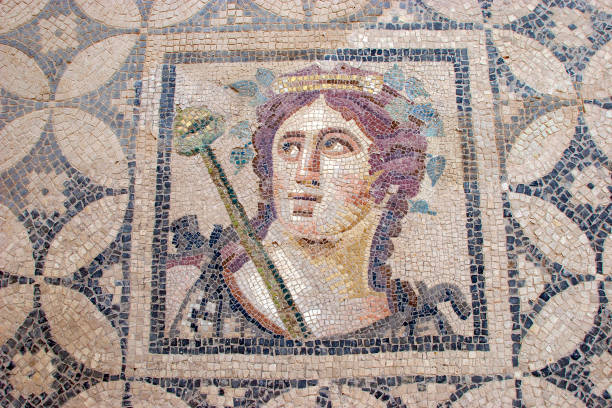 Terrace Houses, Ephesus, Turkey IZMIR, Selcuk, TURKEY- June,11 2005 - Ancient Roman Mosaics from Terrace Houses, Ephesus, Turkey poseidon statue stock pictures, royalty-free photos & images
