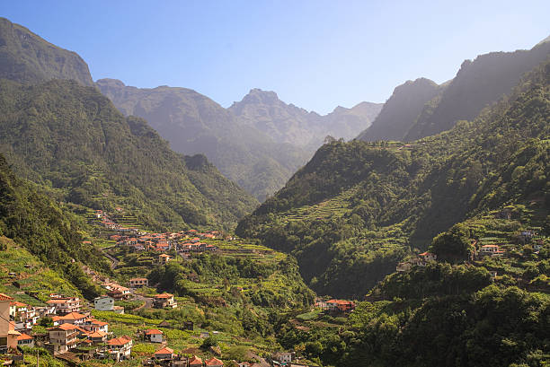 Terrace landscape and rugged mountain scenery of Madeira stock photo