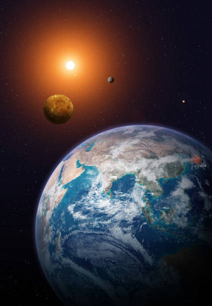 Terrestrial planets: Earth, Venus and Mercury. View of the planet Earth from space. Solar system planets: Earth, Venus, Mercury. Terrestrial planets. Sci-fi background. Elements of this image furnished by NASA. ______ Url(s): 
https://photojournal.jpl.nasa.gov/catalog/PIA00271
https://photojournal.jpl.nasa.gov/jpeg/PIA15160.jpg
https://images.nasa.gov/details-GSFC_20171208_Archive_e002130
Software: Adobe Photoshop CC 2015. Knoll light factory. Adobe After Effects CC 2017. venus planet stock pictures, royalty-free photos & images