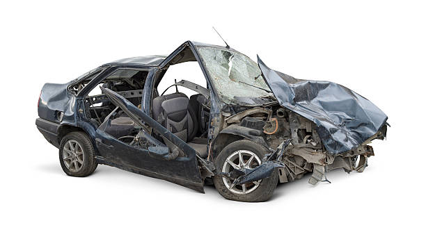 Terrible Crash Damaged car after a terrible crash. Isolated on white background. crushed stock pictures, royalty-free photos & images