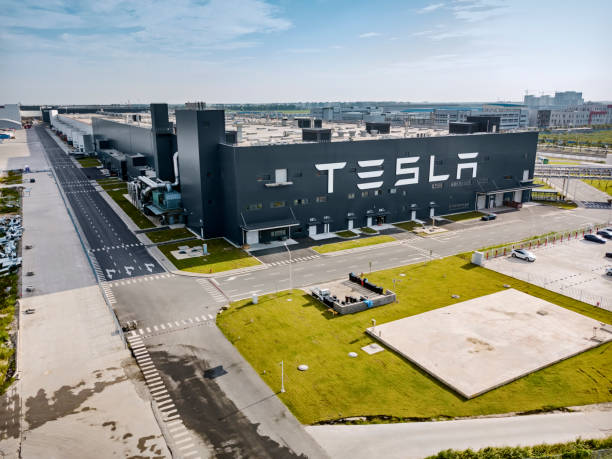 Tesla Gigafactory 3, Shanghai Shanghai, China - August 1, 2020: Exterior view of automobile plant Tesla Gigafactory 3 located in Pudong District, Shanghai, China. tesla motors stock pictures, royalty-free photos & images