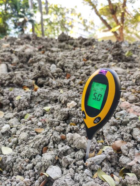 Testing soil pH acidity and alkali property. newly fill soil dump has a little acid property. digital measure instrument for scientific gardening and farming. real estate land measurement stock pictures, royalty-free photos & images