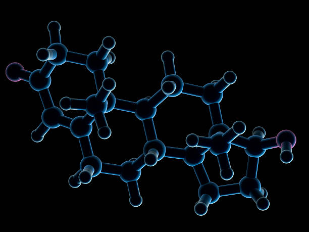 Testosterone A model of a molecule of testosterone, a steroid hormone produced by the sex glands in mammals.  Isolated on black. theasis stock pictures, royalty-free photos & images