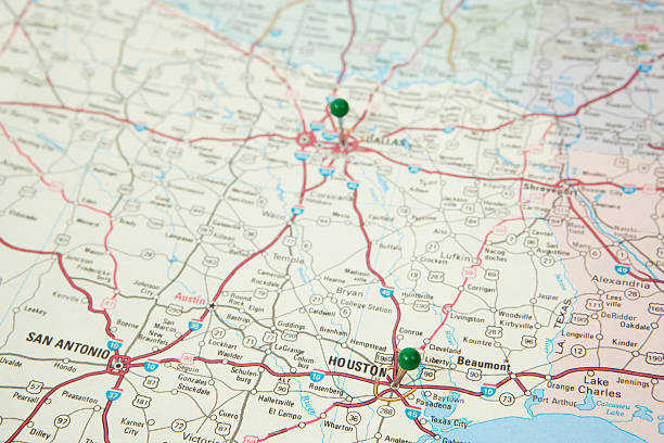 Texas Road Map with Pushpins on Houston and Dallas Pushpins on Houston and Dallas, Texas on a road,map road trip photos stock pictures, royalty-free photos & images