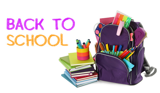 Text Back To School and backpack with different stationery on white background
