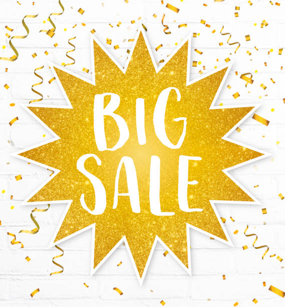 Text banner big sale in golden glitter sticker star low prices season sale advertisement for mega discount label stock photo