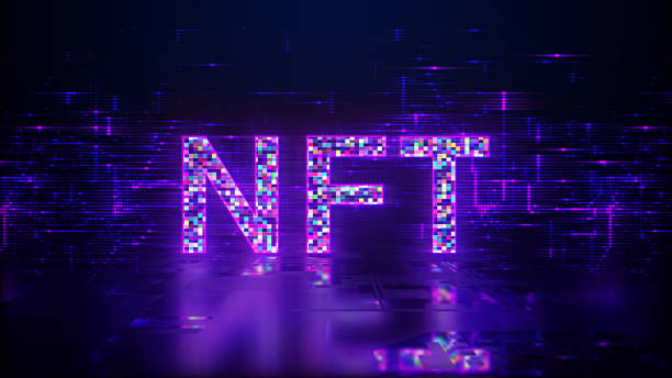 NFT Text Cyberspace Futuristic Background, Future Digital Technology Non-Fungible token Abstract Background 3d rendering stock photo