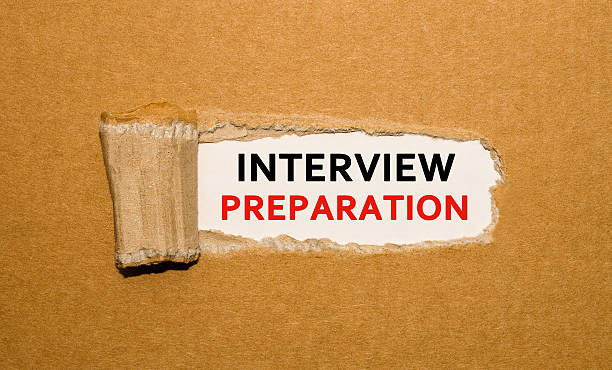 Text Interview Preparation appearing behind torn brown paper stock photo